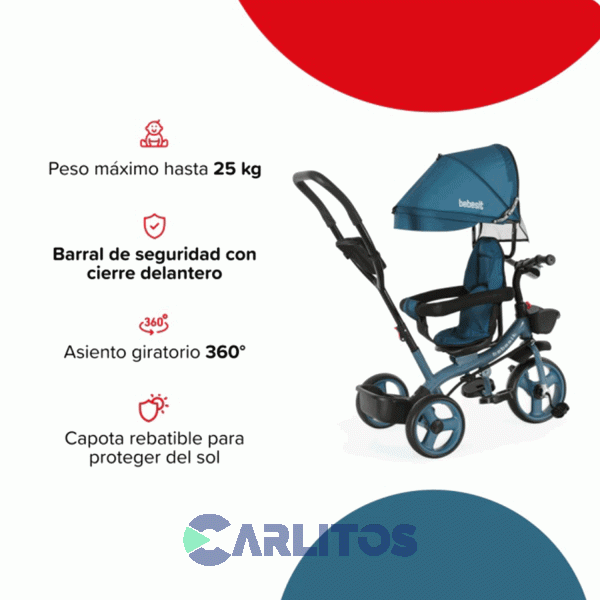 Triciclo Bebesit Con Barral Y Capota-Asiento Giratorio 360&deg; Azul Petroleo Sl-1870-V1m Joy Premium