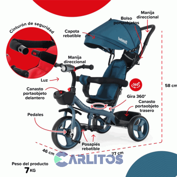 Triciclo Bebesit Con Barral Y Capota-Asiento Giratorio 360&deg; Azul Petroleo Sl-1870-V1m Joy Premium