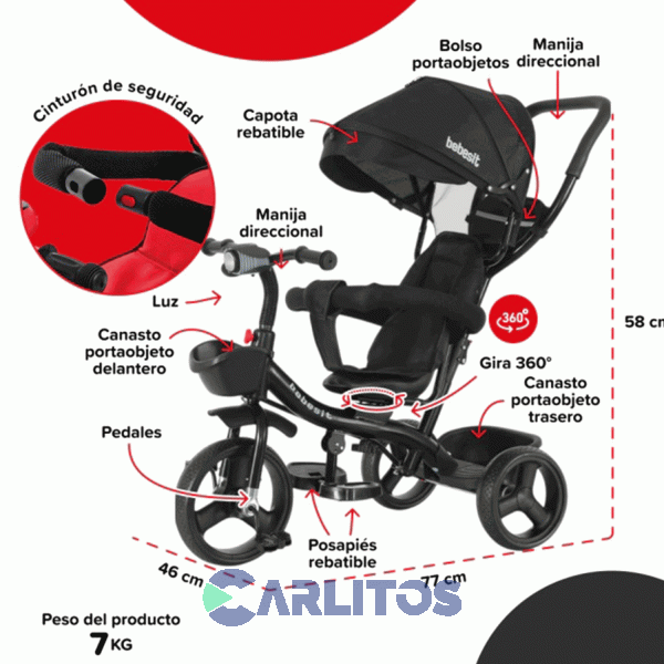 Triciclo Bebesit Con Barral Y Capota-Asiento Giratorio 360&deg; Negro Sl-1870-V1O Joy Premium