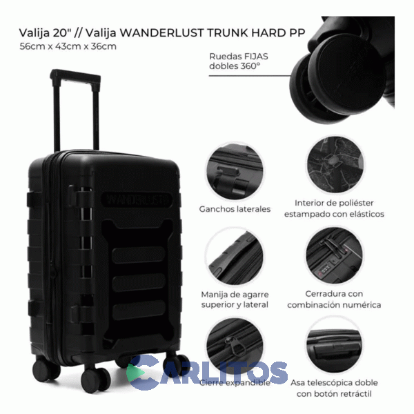 Valija 20" Rigida 4 Ruedas Giratorias Wander Lust 41553 Negro
