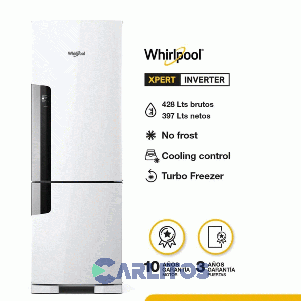 Heladera No Frost Whirpool Combi Inverter 397 Litros Blanca Wre44bb