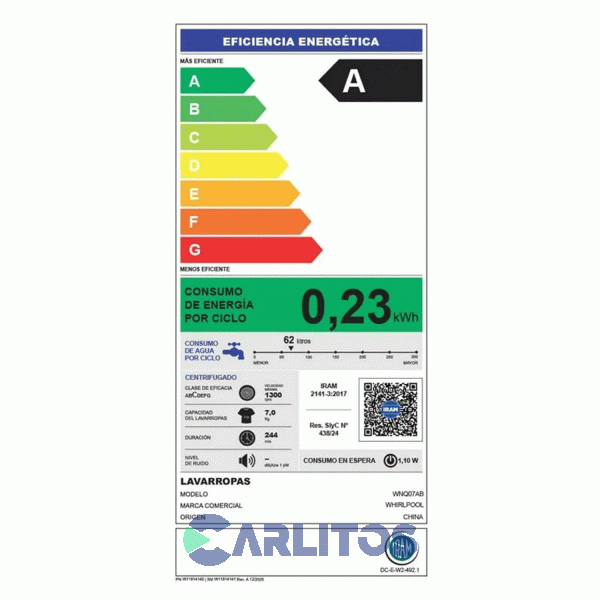 Lavarropa Carga Frontal Whirlpool 7 Kg Blanco 1200 Rpm Inverter Wnq07ab