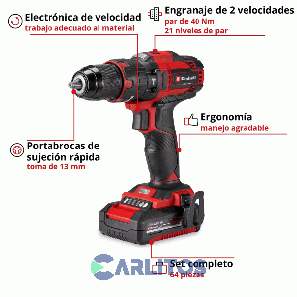 Kit Taladro Atornillador Einhell 13 Mm Inalambrico 18 V Te-Cd 18/40 Li-I +64 (1 X 2.0ah)