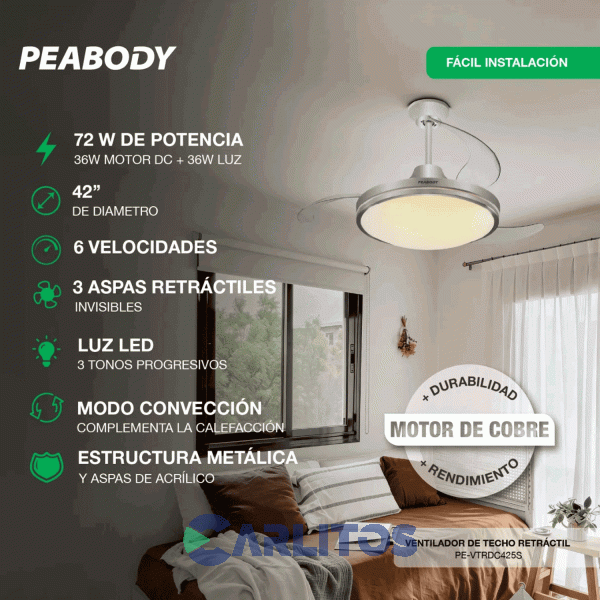 Ventilador De Techo Retractil Peabody Acero Palas  Acrilico Con Led Pe-Vtrdc425s