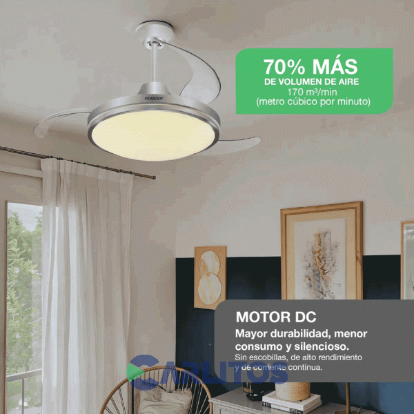 Ventilador De Techo Retractil Peabody Acero Palas  Acrilico Con Led Pe-Vtrdc425s