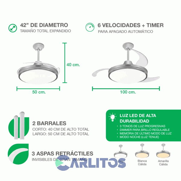 Ventilador De Techo Retractil Peabody Acero Palas  Acrilico Con Led Pe-Vtrdc425s