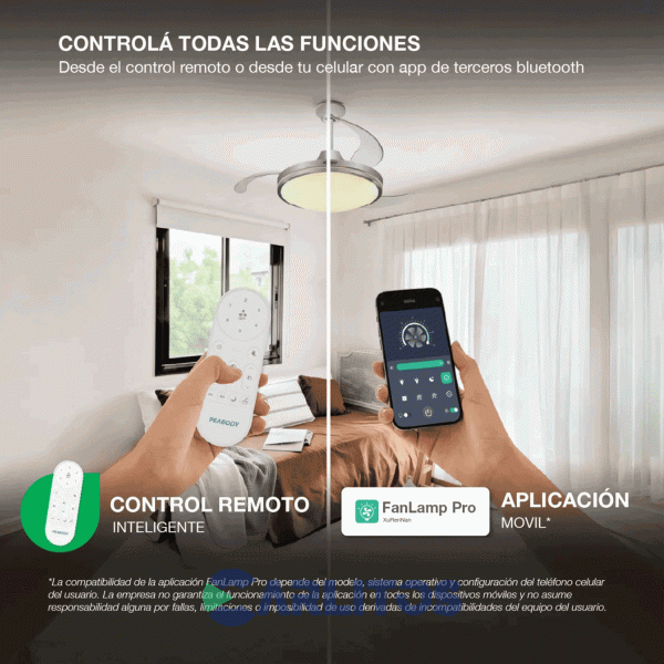 Ventilador De Techo Retractil Peabody Acero Palas  Acrilico Con Led Pe-Vtrdc425s