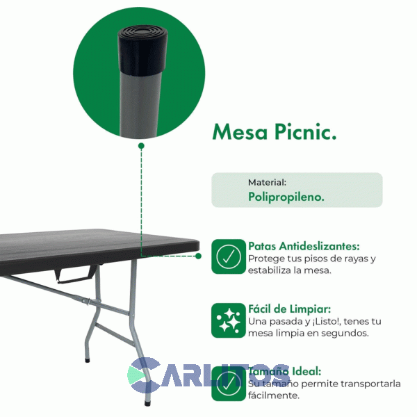 Mesa Plegable Garden Life Con Estructura De Acero 1.50 Mts T404001 Negro