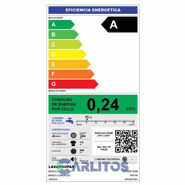 Lavarropa Carga Frontal Drean Inverter 7 KG 1000 RPM  Blanco Lcfdr0710sb0