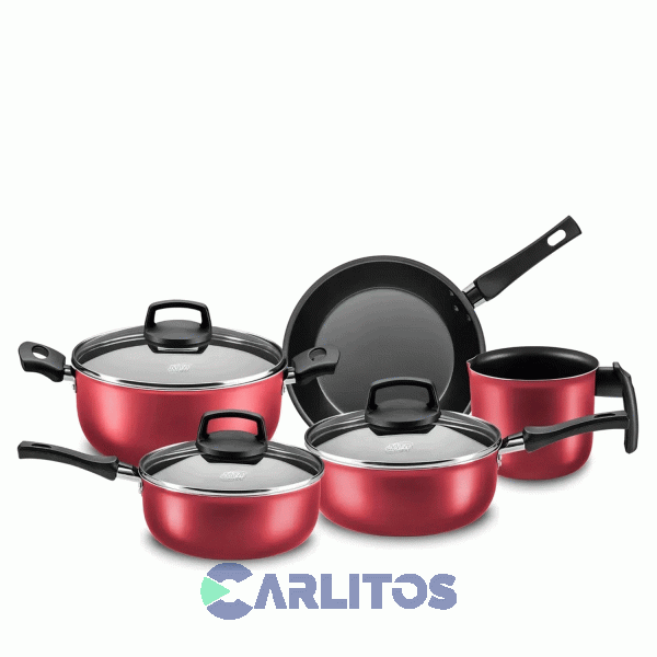 Bateria Aluminio Antiadherente 5 Piezas Linea Safira Rojo Mta 5661/1753