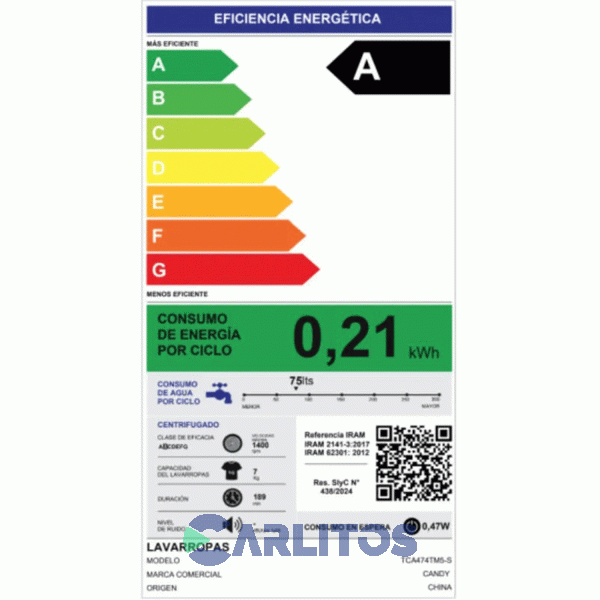 Lavarropa Carga Superior Candy Smart Inverter 7 KG - 1400 RPM Gris Tca474t5r-12