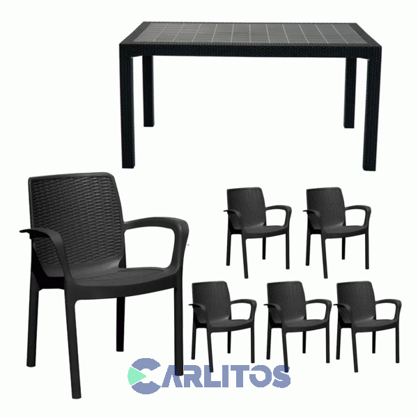 Combo Mesa Indonesia Simil Ratan 1.50 Cm Grafito Tapa Vidrio + 6 Sillas Guinea Voss 2000