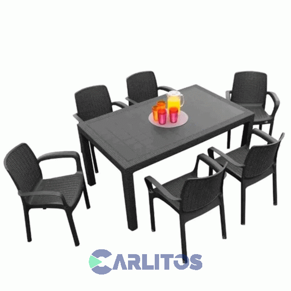 Combo Mesa Indonesia Simil Ratan 1.50 Cm Grafito Tapa Vidrio + 6 Sillas Guinea Voss 2000