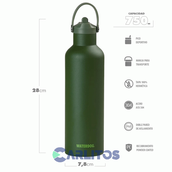 Botella De Acero Inoxidable Waterdog 750 Cc Hydro750gm Verde