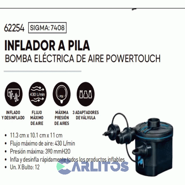 Inflador Bestway Electrico A Pila 6 V - 3 Valvulas 62254