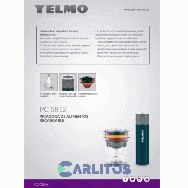 Picadora Yelmo Con Puerto Usb 60 Watts Pc5812