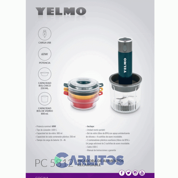 Picadora Yelmo Con Puerto Usb 60 Watts Pc5812