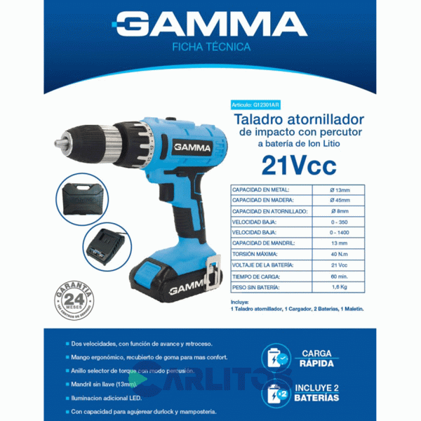 Taladro Atornillador Gamma 10 Mm Inalámbrico 21 V G12301ar