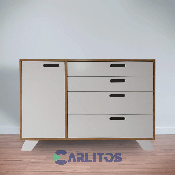 Cómoda Línea Nordic 1 Puerta 4 Cajones 1.20 MtsApakama Y Laqueado Blanco