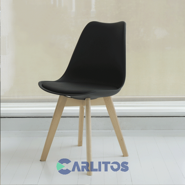 Silla Tulip Pvc Patas De Madera Tapizado Negro