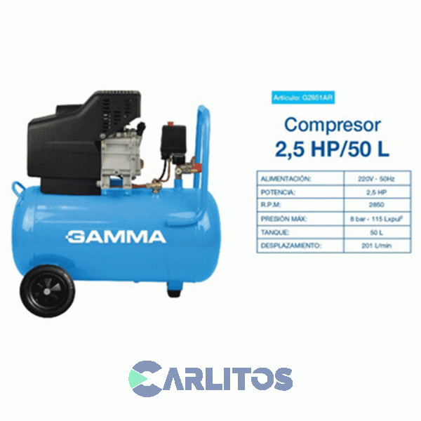 Compresor De Aire Gamma 50 Litros - 2.5 HP G2851ar