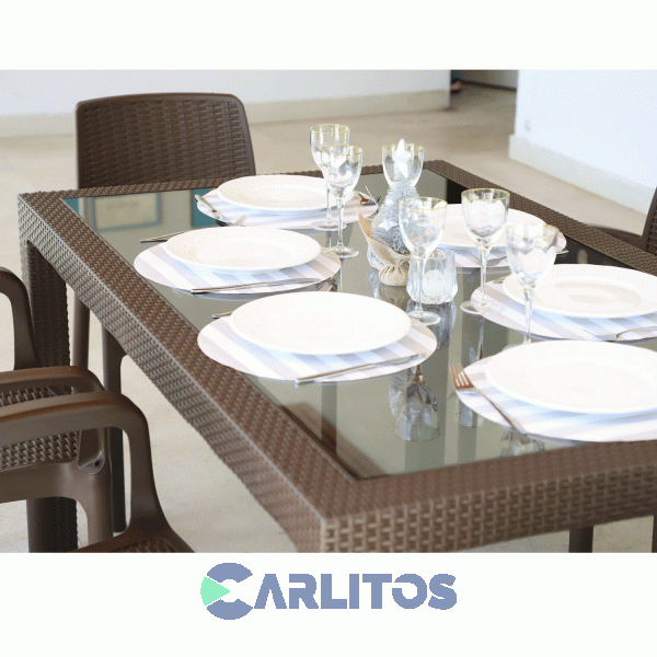 Mesa Simil Rattan Voss Color Mokka 1.50 Mts  Tapa Vidrio Templado 6 Mm