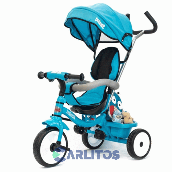 Triciclo Bebesit Con Barral Y Capota-Asiento Giratorio 360° Celeste Joy