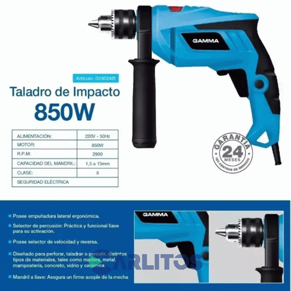 Taladro Percutor Gamma 13 Mm 850 Watts G1902ar