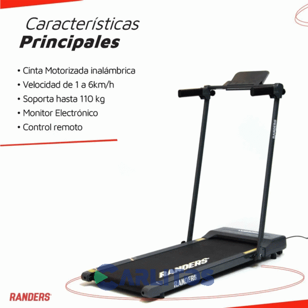 Fitness Cinta Motorizada 1 HP Randers Ultraplana Con Barral Arg-366