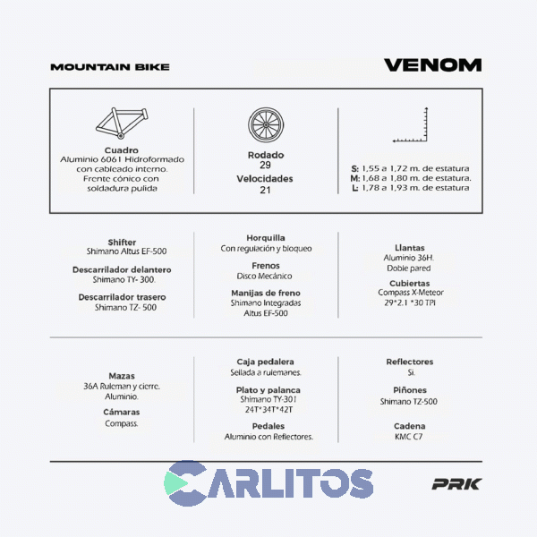 Bicicleta Prk Todo Terreno Rod.29" Con Disco Mtb Venom