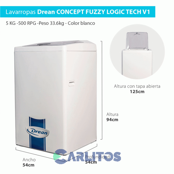 Lavarropa Carga Superior Drean 5 KG - 500 RPM Blanco Concept Fuzzy Logic Tech V1