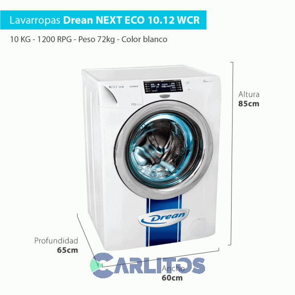 Lavarropa Carga Frontal Drean Inverter 10 KG - 1200 RPM Blanco Next 10.12 P Eco