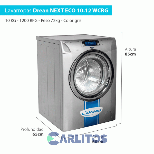 Lavarropa Carga Frontal Drean Inverter 10 KG - 1200 RPM Gris Next 10.12 Pg Eco