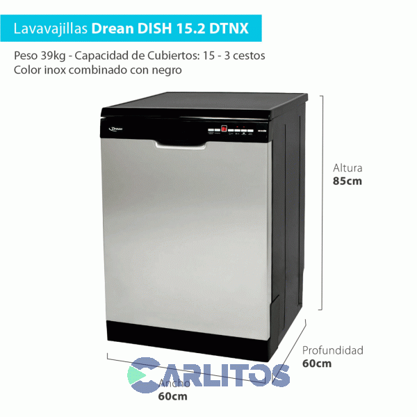 Lavavajilla Drean 15 Cubiertos Negro Con Acero Inoxidable Dish 15.2 Dtnx