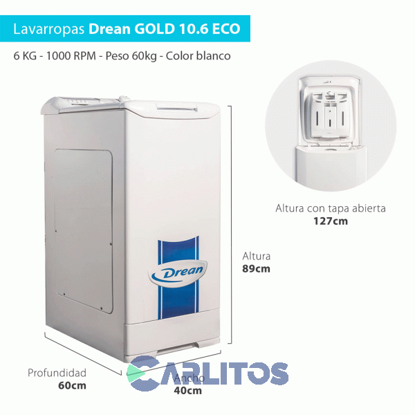 Lavarropa Carga Superior Drean 6 KG - 1000 RPM Blanco Gold Blue! 10.6 Eco+