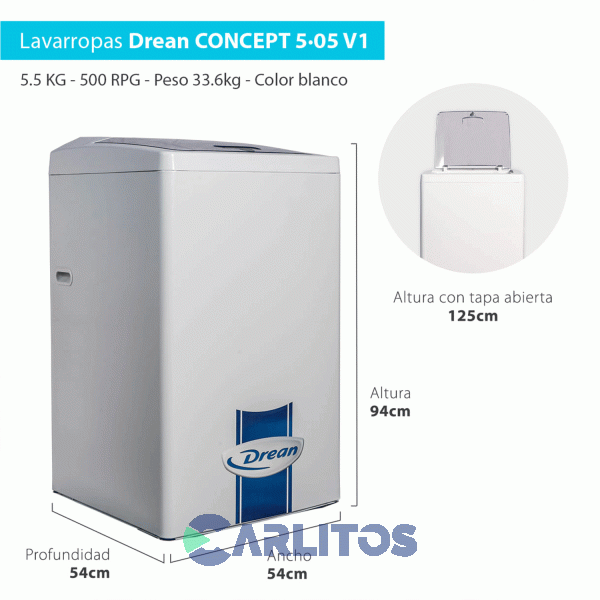 Lavarropa Carga Superior Drean 5 KG - 500 RPM Blanco Concept 5.05 V1