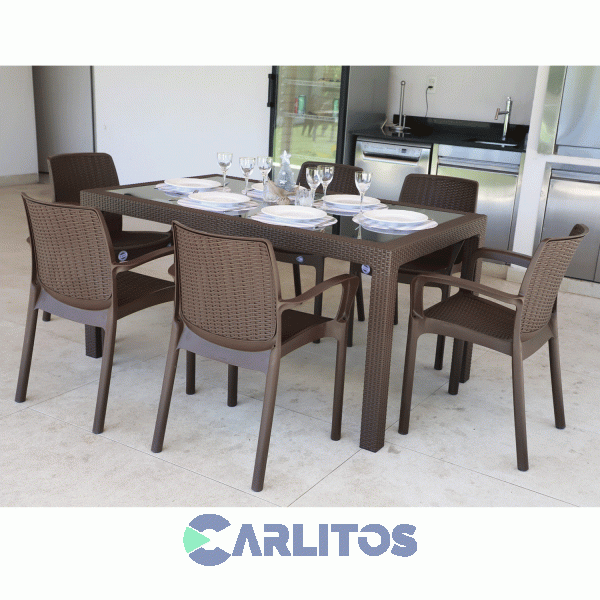 Mesa Simil Rattan Voss Color Mokka 1.50 Mts  Tapa Vidrio Templado 6 Mm