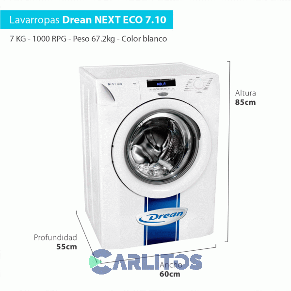 Lavarropa Carga Frontal Drean 7 KG - 1000 RPM Blanco Next 7.10 Eco