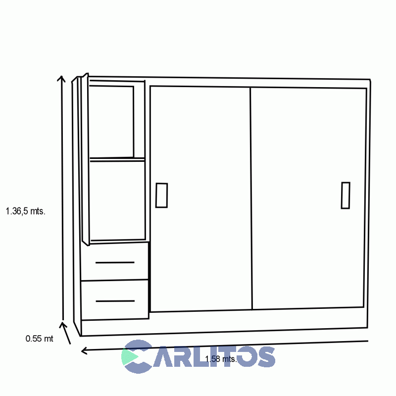 Placard 1.58mts Estudiantil Corredizo 2 Puertas 2 Cajones Orlandi Cod: 298 Jacaranda