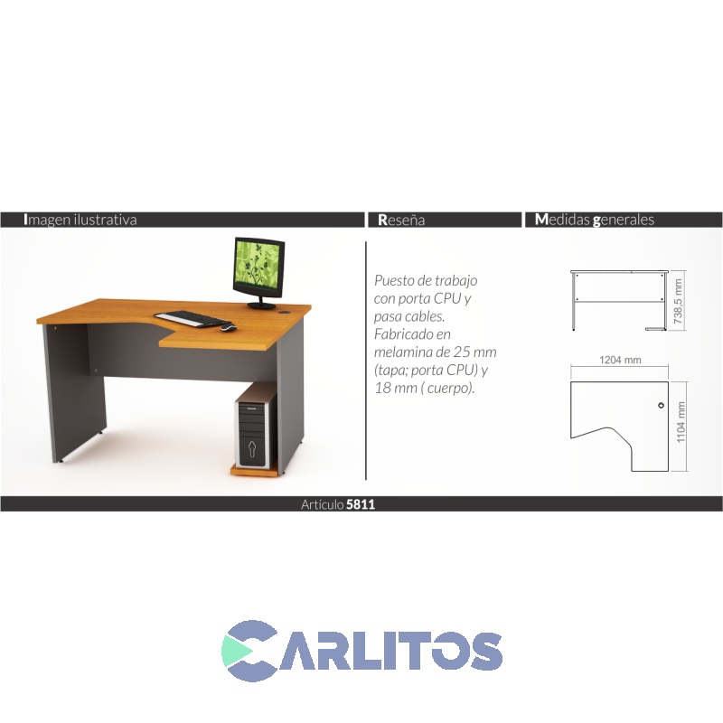 Escritorio Puesto De Trabajo Derecho 1.20Mts Piro Muebles Grafito/Ceniza