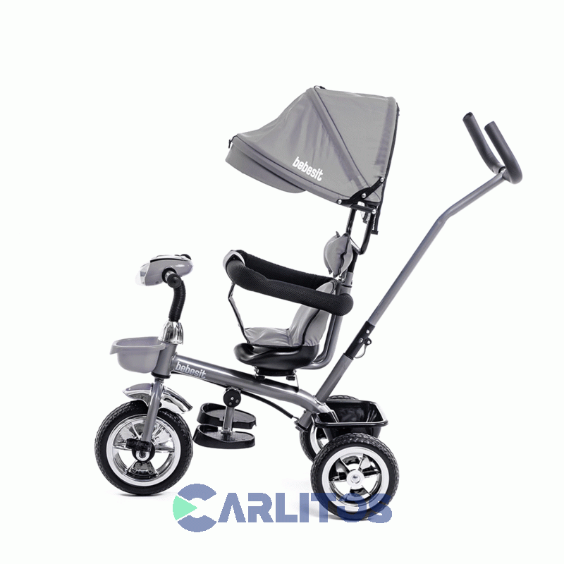 Triciclo Bebesit Con Barral Y Capota-Asiento Giratorio 360° Gris Sl-1870d Premium