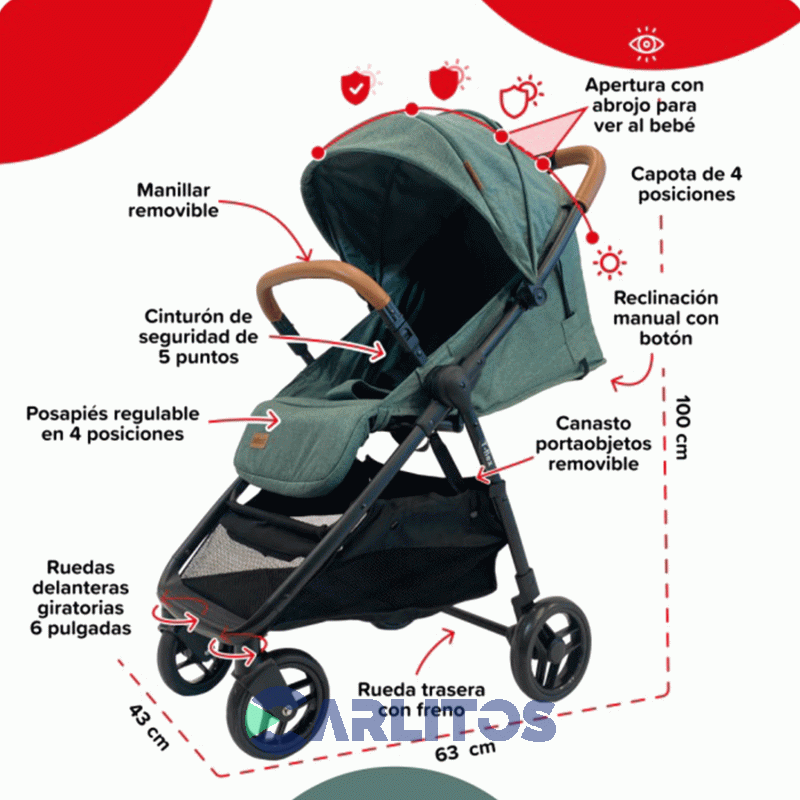 Coche De Paseo Bebesit T-flex Portabebe + Butaca 1321ts-c Verde