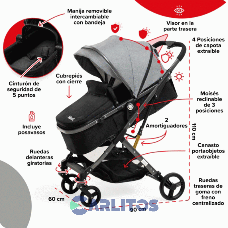 Coche De Paseo Bebesit System Homy 3 En 1 Moises + Porta bebe 1370ts-b Gris