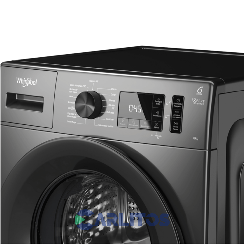 LAVARROPA CARGA FRONTAL 8 KG GRIS 1200 RPM INVERTER WHIRLPOOL WNQ80AS
