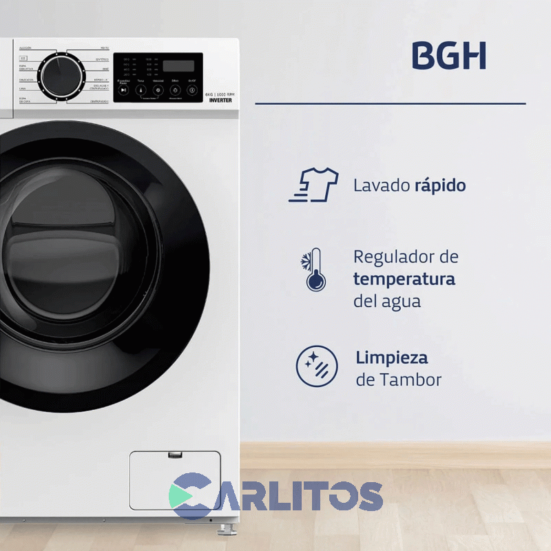 Lavarropa Carga Frontal Inverter Bgh 6 KG-1000 RPM Blanco Bwfi06w24ar