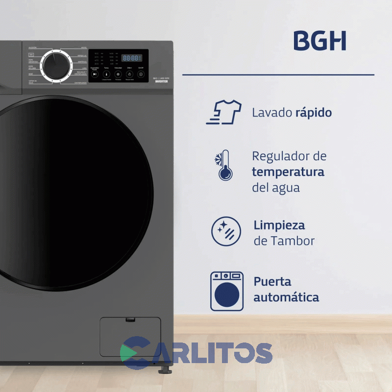 Lavarropa Carga Frontal Inverter Bgh 8 KG- 1400 RPM Gris bwfi08s24ar