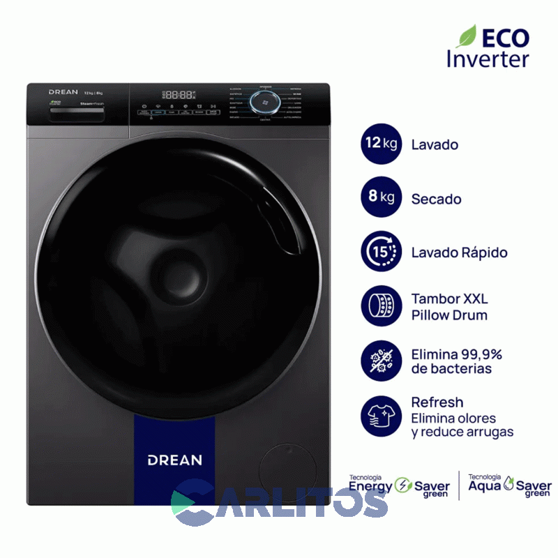 LAVASECARROPA CARGA FRONTAL 12+8 KG GRIS 1400 RPM INVERTER DREAN LSCDR1208SG