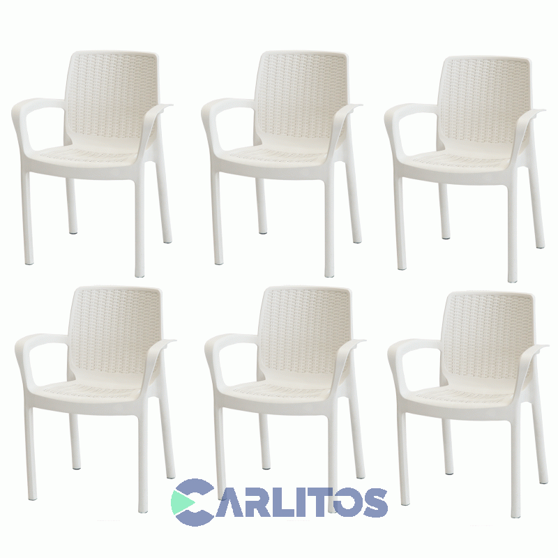 Combo Mesa Indonesia Simil Ratan 1.50 Cm Blanca Tapa Plastica + 6 Sillas Guinea Blancas Voss2000