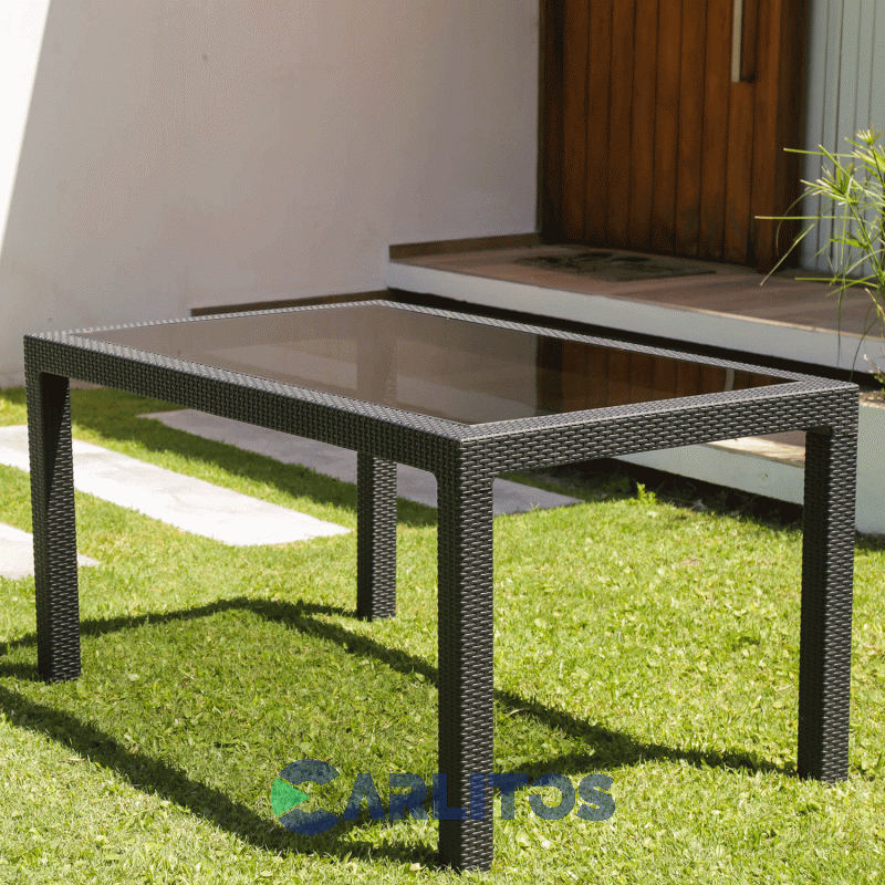 Combo Mesa Indonesia Simil Ratan  1.50 Cm Capuchino Tapa Vidrio + 6 Sillas Guinea Voss 2000