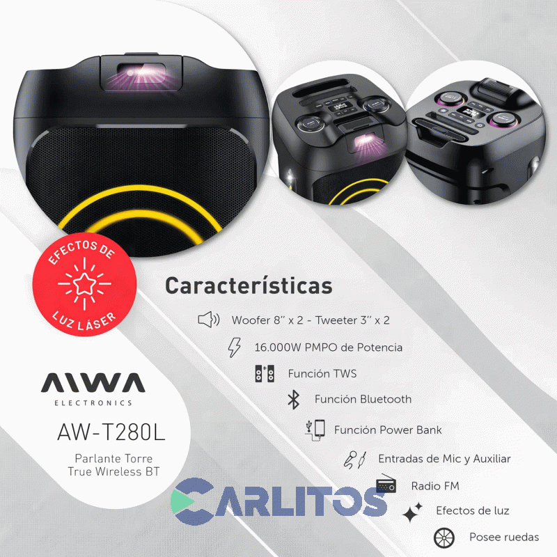 Parlante Torre Aiwa Con Bluetooth Y Batería 16000 Watts Aiwa Aw-t280l